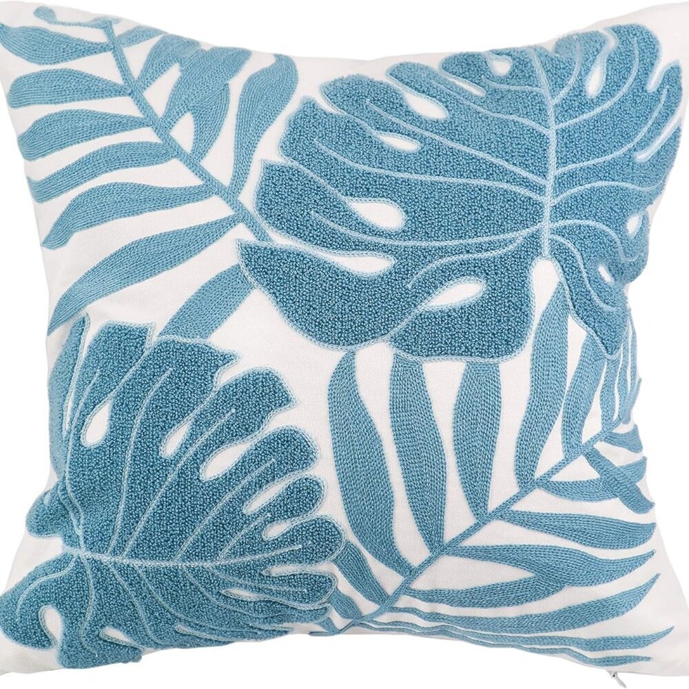 Embroidery Throw Pillow Cover 18x18 Light Blue Tropical Leaf Home Décor Turquois